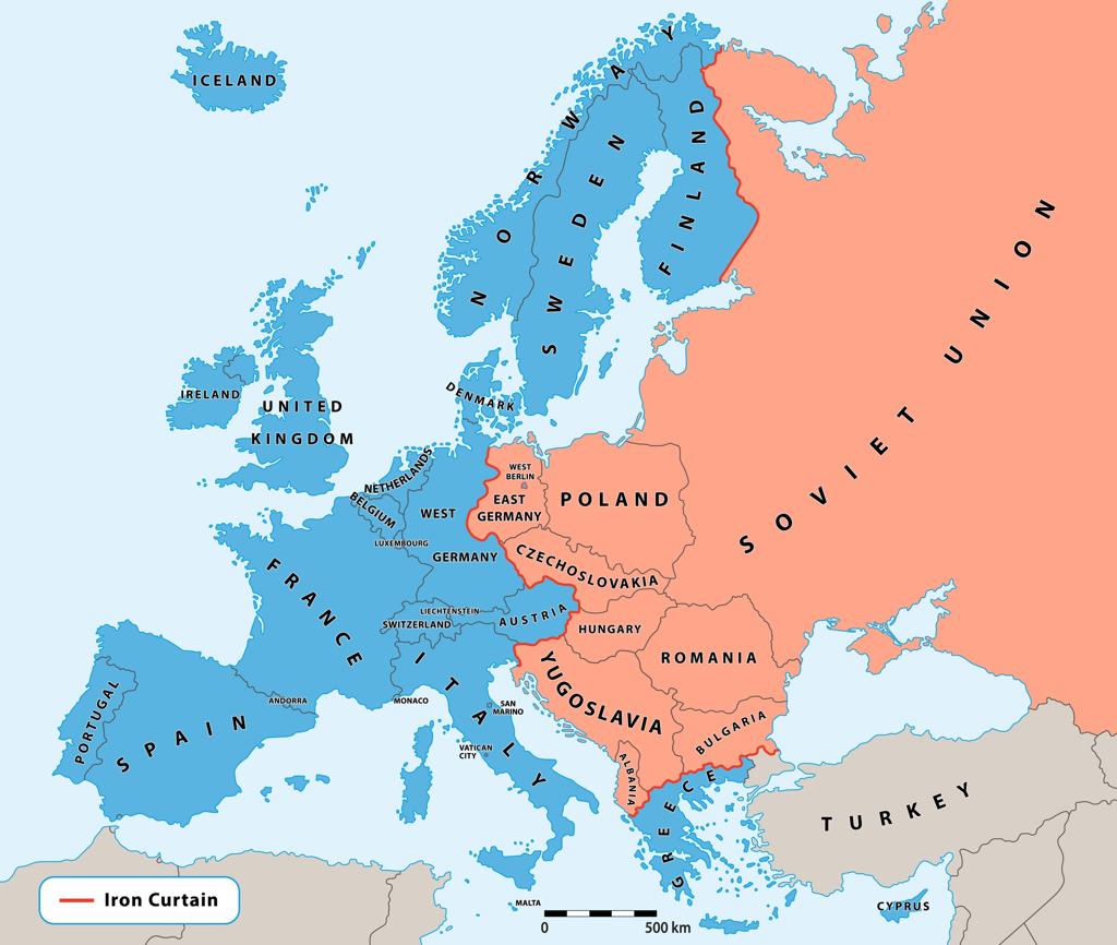 Map showing the Iron Curtain and the division of Cold War Europe